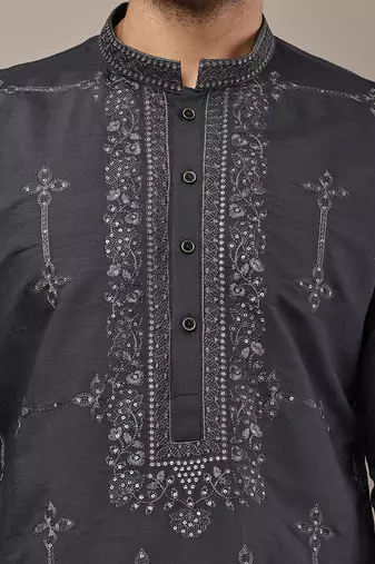 Men’s dark grey embroidered kurta