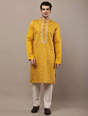 Men’s mustard yellow embroidered kurta 1