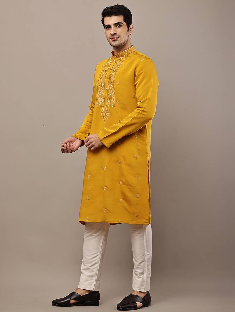 Men’s mustard embroidered kurta