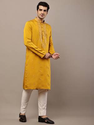 Men’s mustard embroidered kurta 3