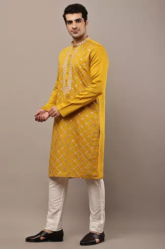 Men’s mustard yellow embroidered kurta