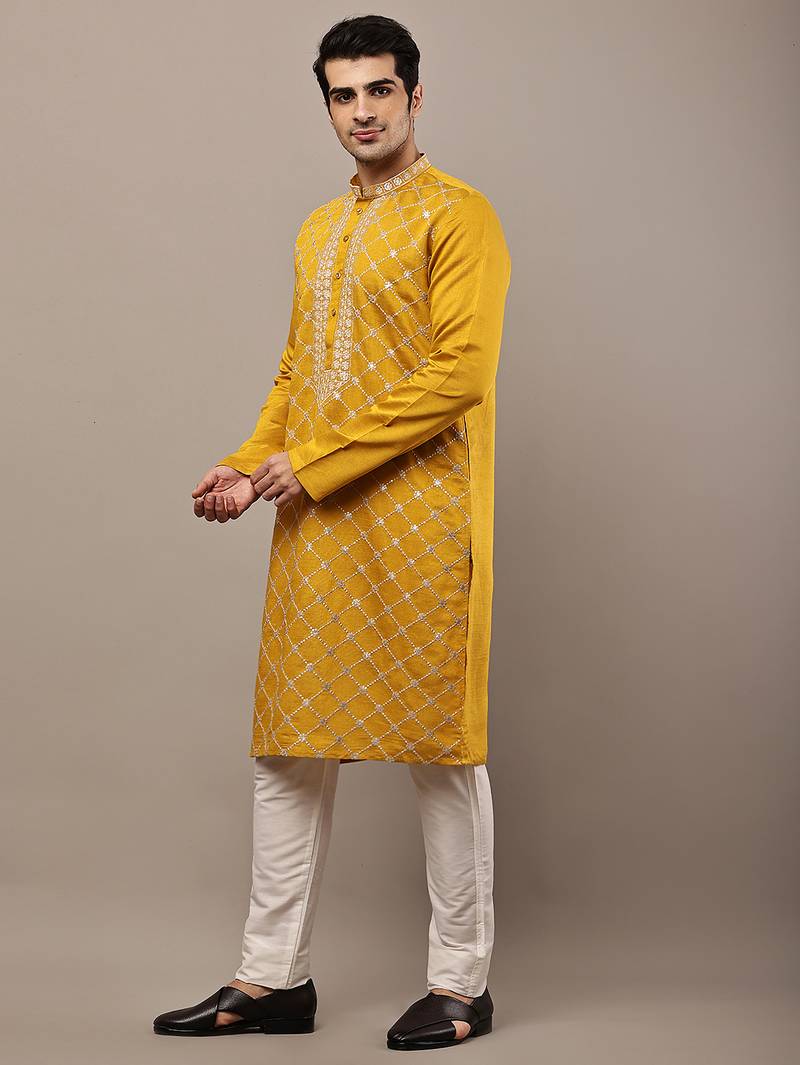 Men’s mustard yellow embroidered kurta