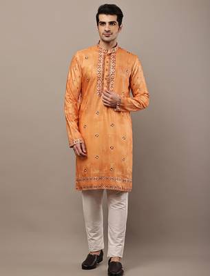 Men’s rust orange embroidered kurta 1