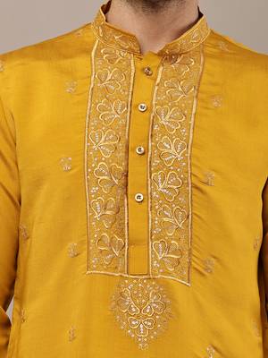 Men’s mustard embroidered kurta 5