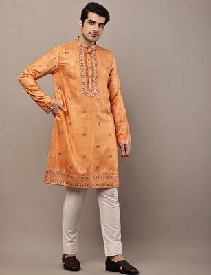 Men’s rust orange embroidered kurta 2