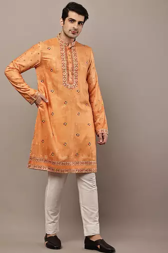 Men’s rust orange embroidered kurta