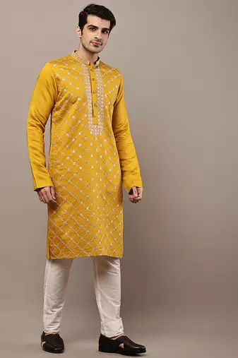 Men’s mustard yellow embroidered kurta