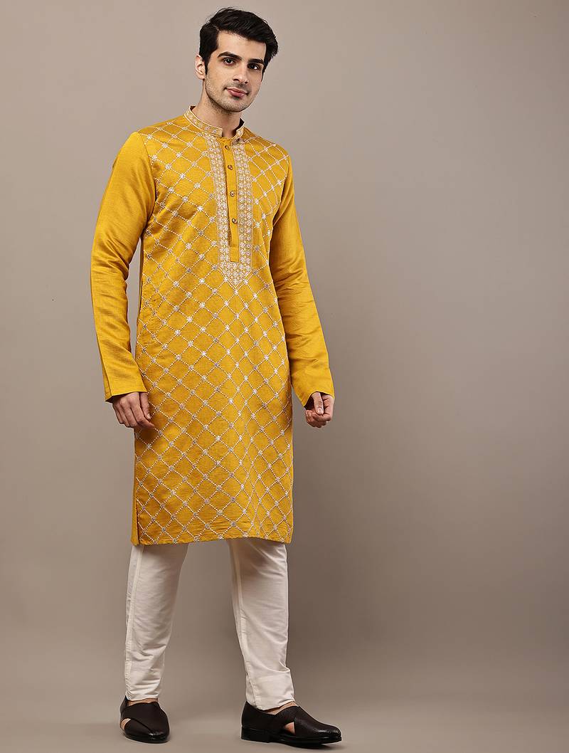 Men’s mustard yellow embroidered kurta