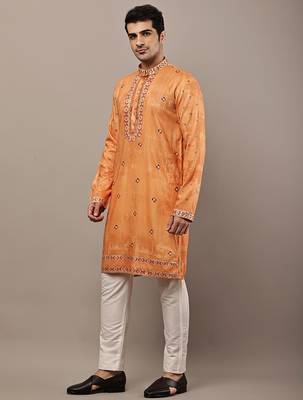Men’s rust orange embroidered kurta 3