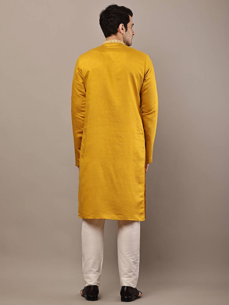 Men’s mustard yellow embroidered kurta