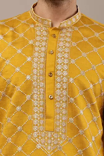 Men’s mustard yellow embroidered kurta