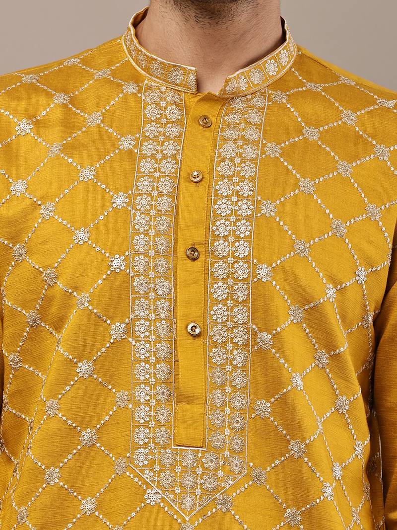 Men’s mustard yellow embroidered kurta
