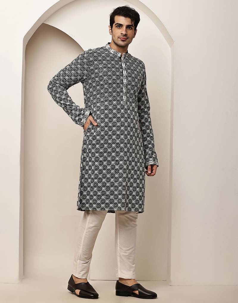 Men’s  black & white embroidered kurta set