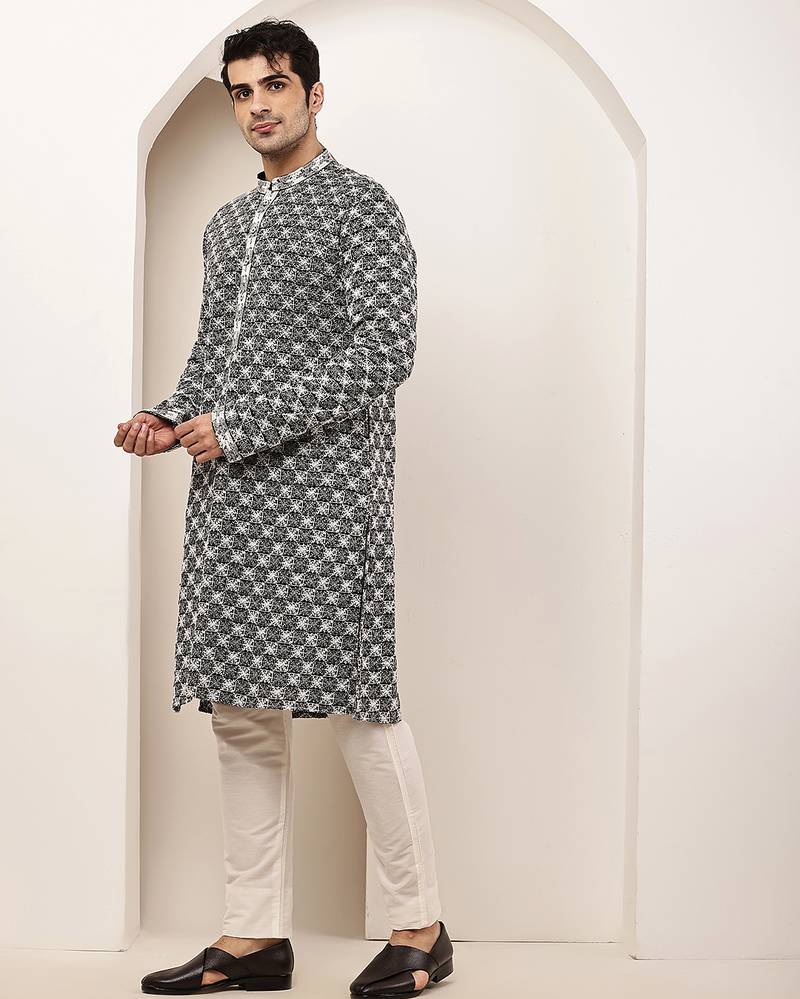 Men’s  black & white embroidered kurta set
