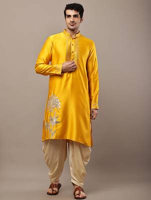 Men’s yellow embroidered kurta with contrast threadwork & decorative motif 1