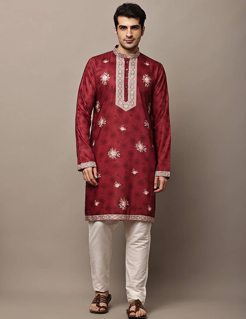 Men’s  women’s ethnic kurta – maroon floral printed kurta with embroidered neck panel