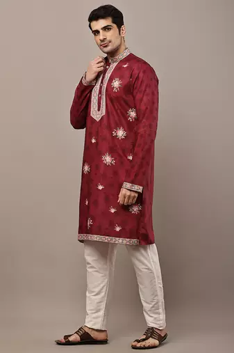 Men’s  women’s ethnic kurta – maroon floral printed kurta with embroidered neck panel