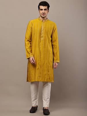 Men’s mustard textured embroidered kurta 1