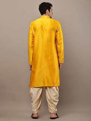 Men’s yellow embroidered kurta with contrast threadwork & decorative motif 4