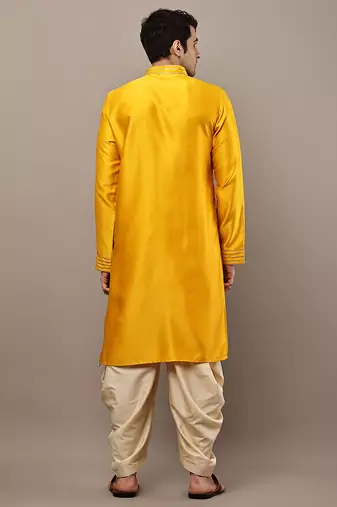 Men’s yellow embroidered kurta with contrast threadwork & decorative motif