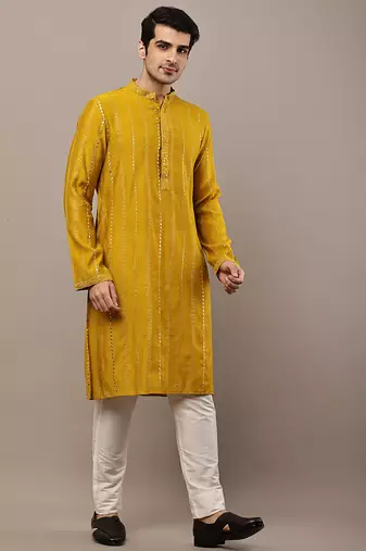 Men’s mustard textured embroidered kurta