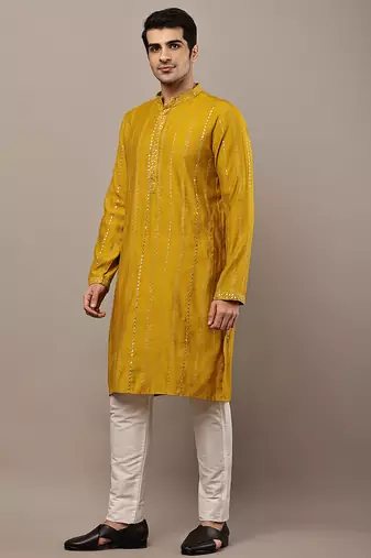 Men’s mustard textured embroidered kurta
