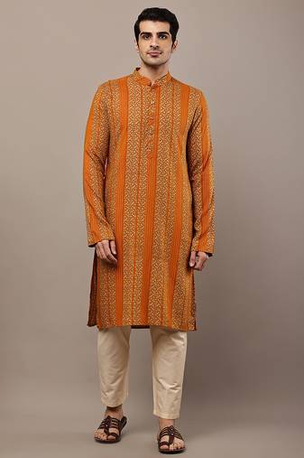 Men’s mustard textured threadwork kurta
