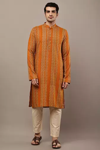 Men’s mustard textured threadwork kurta