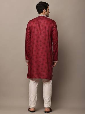Men’s  women’s ethnic kurta – maroon floral printed kurta with embroidered neck panel 4