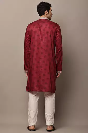 Men’s  women’s ethnic kurta – maroon floral printed kurta with embroidered neck panel