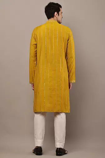 Men’s mustard textured embroidered kurta