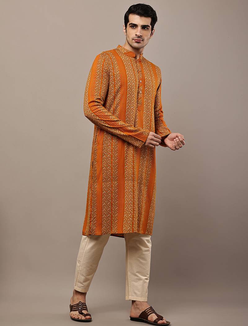 Men’s mustard textured threadwork kurta