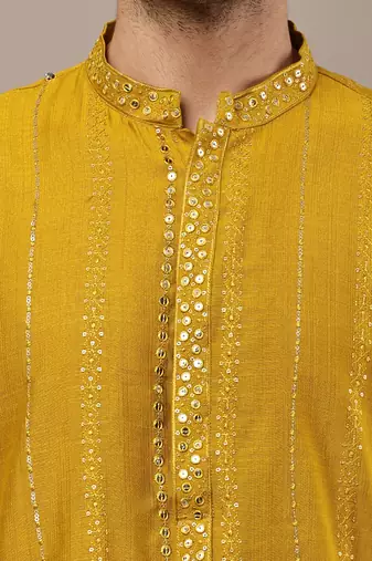 Men’s mustard textured embroidered kurta