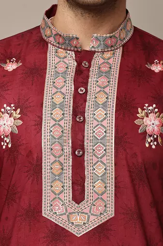 Men’s  women’s ethnic kurta – maroon floral printed kurta with embroidered neck panel