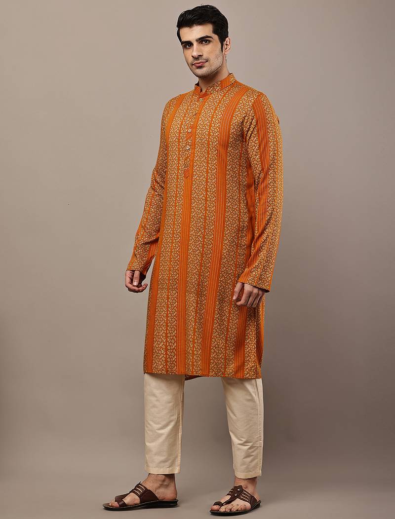 Men’s mustard textured threadwork kurta