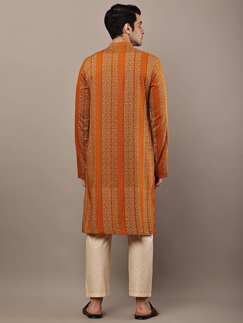 Men’s mustard textured threadwork kurta