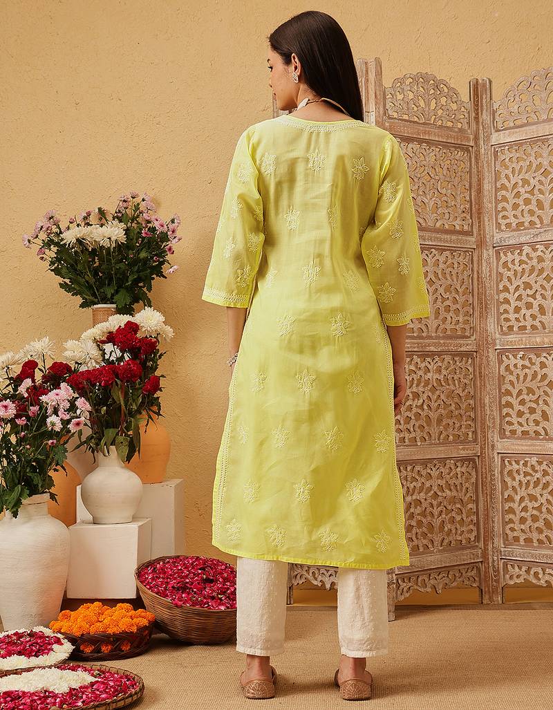 Ada hand embroidered lemon yellow cotton lucknowi chikankari straight kurta