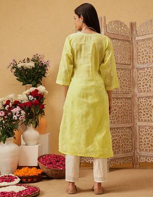 Ada hand embroidered lemon yellow cotton lucknowi chikankari straight kurta 6