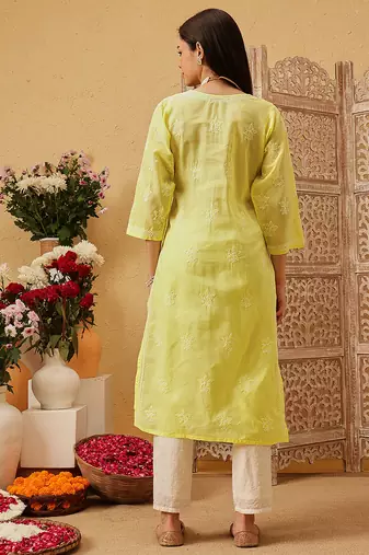 Ada hand embroidered lemon yellow cotton lucknowi chikankari straight kurta