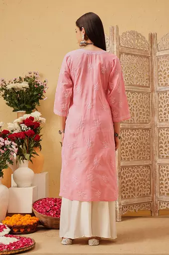 Ada hand embroidered peach cotton lucknowi chikankari straight kurta