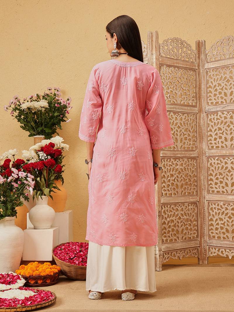 Ada hand embroidered peach cotton lucknowi chikankari straight kurta