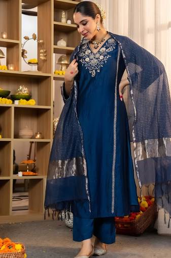 Navy blue embroidered suit