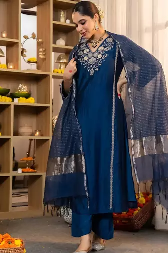 Navy blue embroidered suit