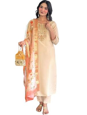 Beige silk-blend suit with floral dupatta 2