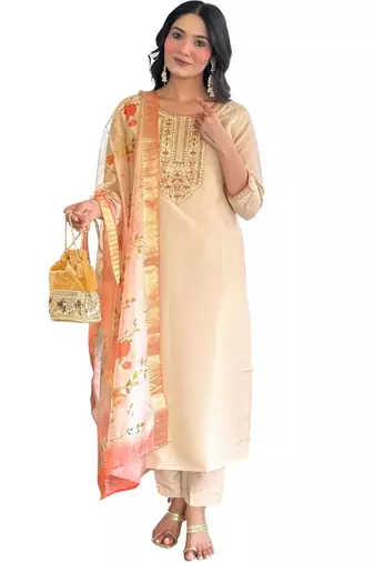 Beige silk-blend suit with floral dupatta