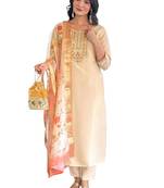 Beige silk-blend suit with floral dupatta