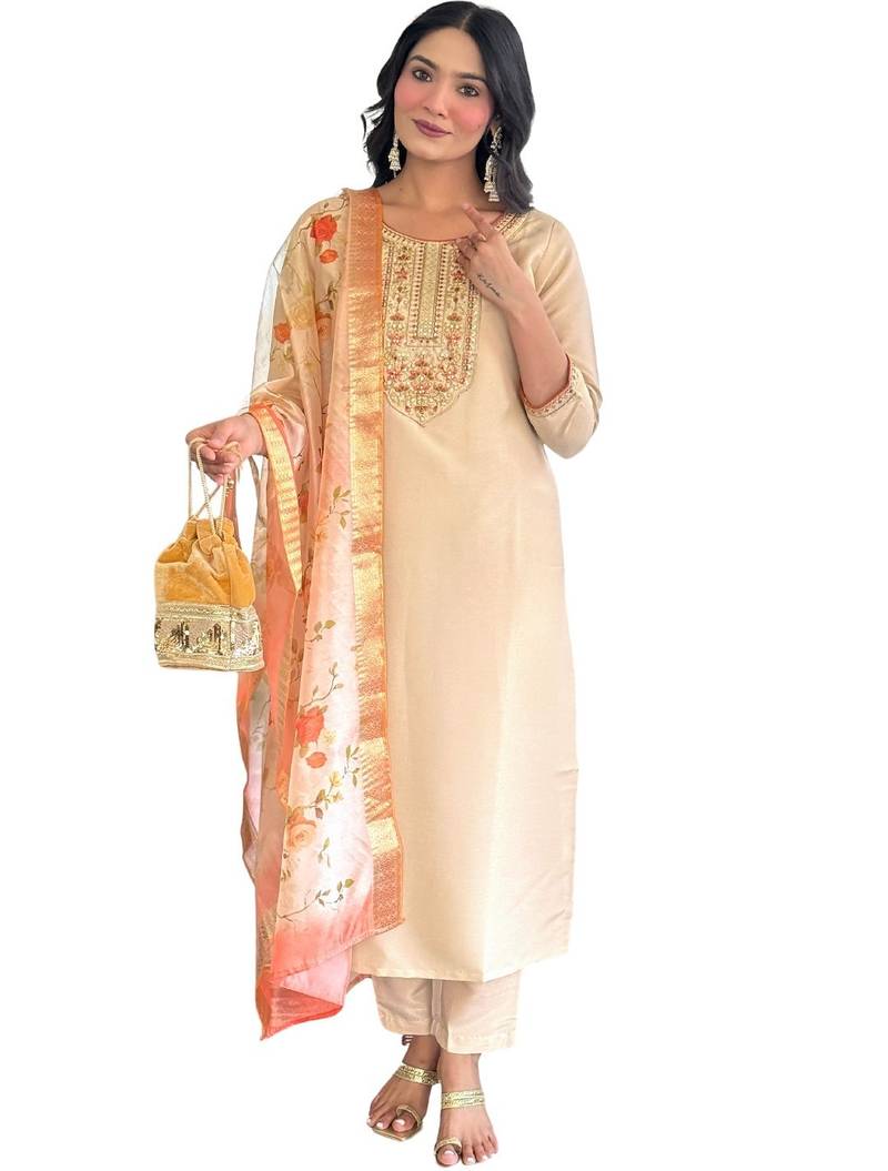 Beige silk-blend suit with floral dupatta