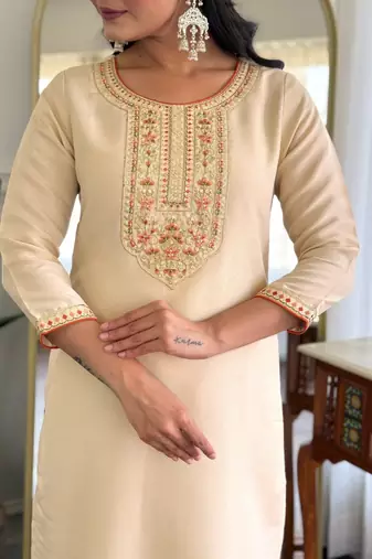 Beige silk-blend suit with floral dupatta
