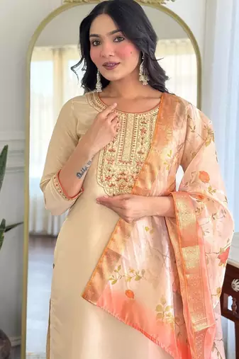 Beige silk-blend suit with floral dupatta