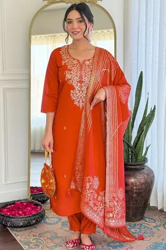 Dark-orange embroidered anarkali
